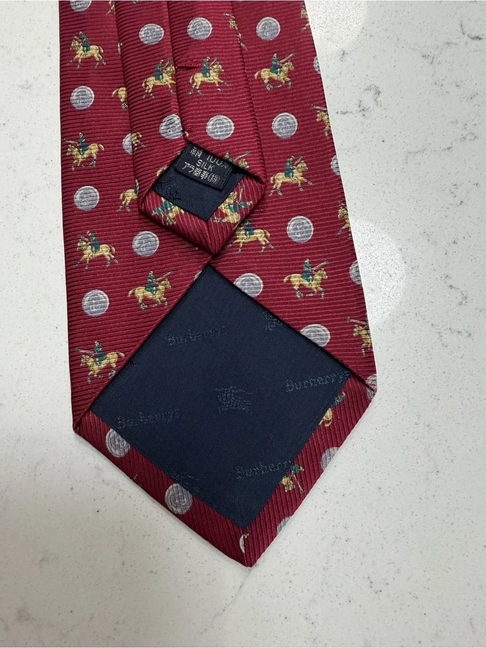Burberry Red Silk Tie with Equestrian and Dot Motif